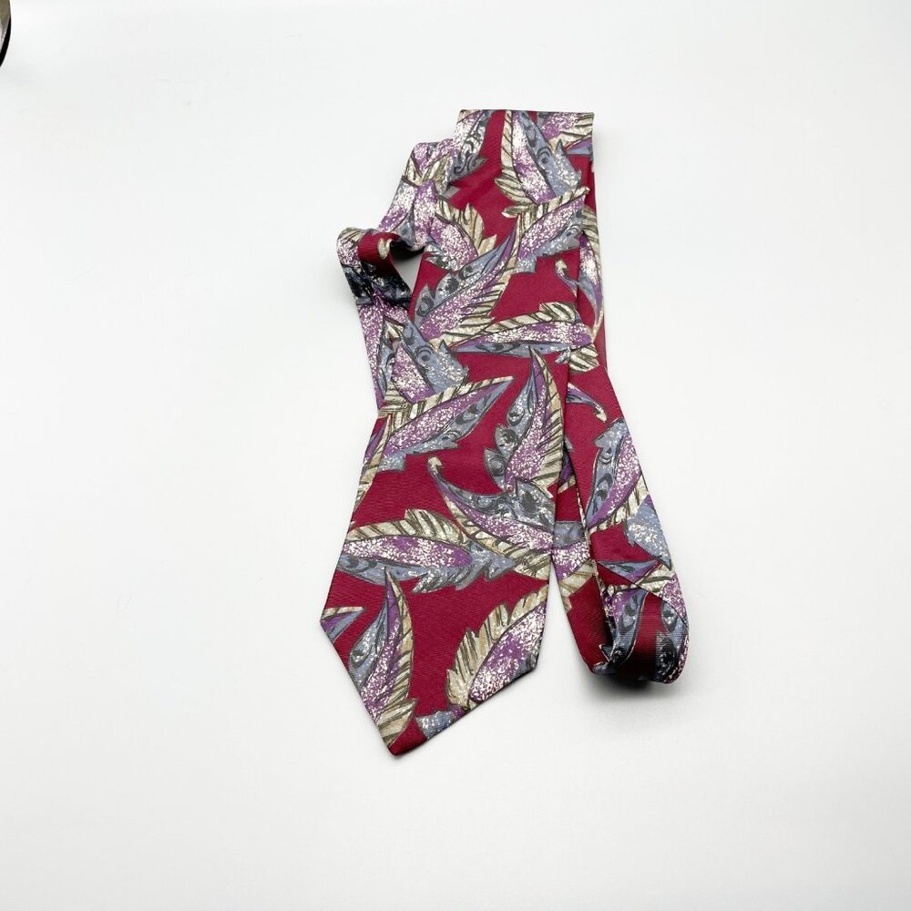 Vintage Christian Dior Red and Purple Palm Printed Silk Tie Made in Italy 80s 90